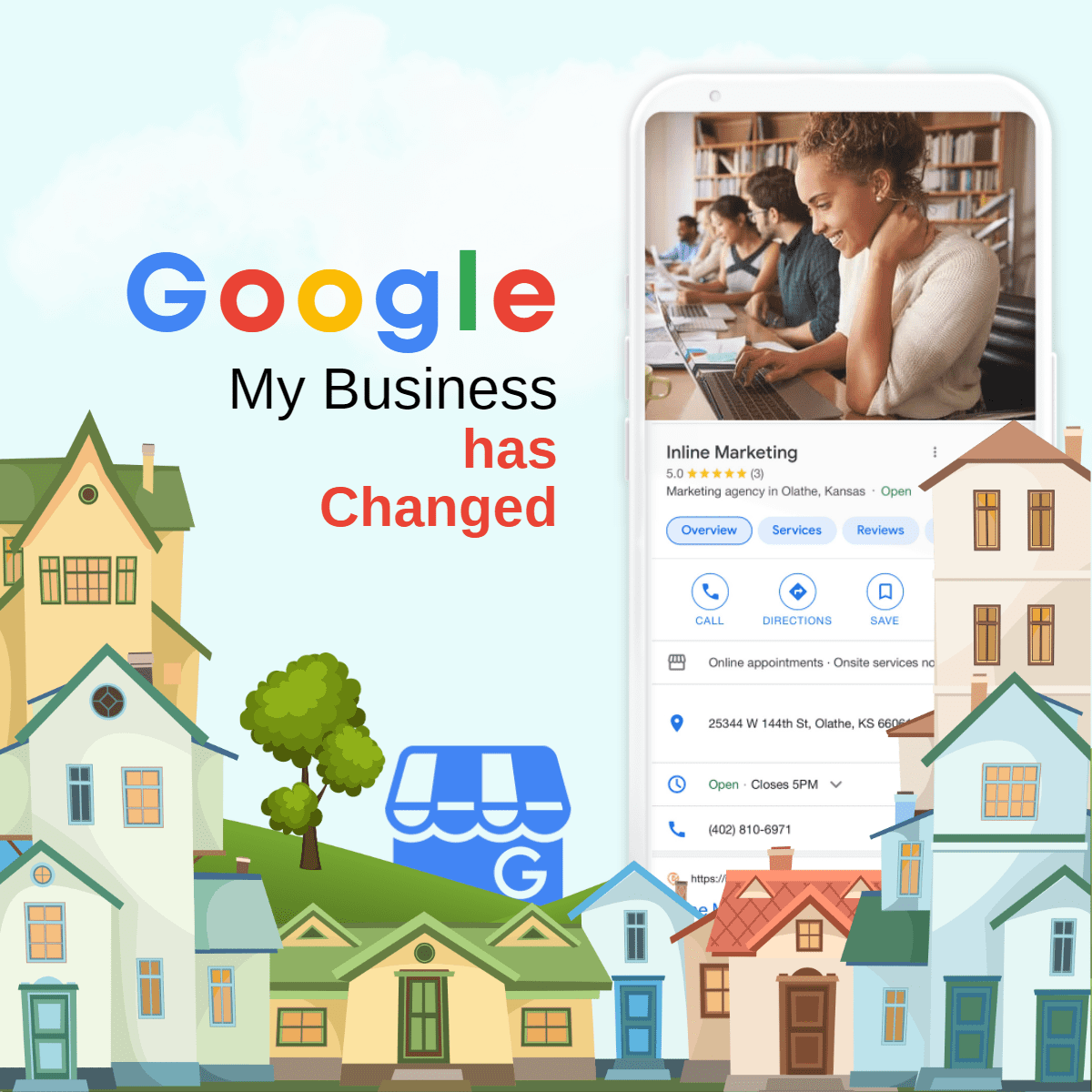 Cartoon homes surround the Google My Business logo on hills. A cell phone to the right displays Inline Marketing's Google Business Profile. Words in the center of the image say, "Google My Business has Changed."
